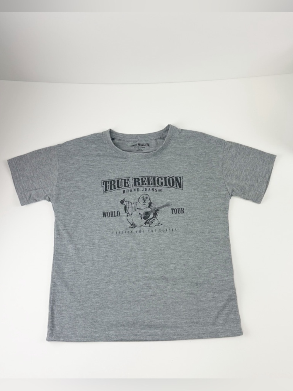 True Religion Tshirt Boys Medium 10 12 Gray Buddha Logo Short Sleeve